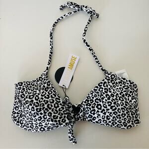 NEW AMUSE SOCIETY REVOLVE Black White Animal Leopard Print Tie Bikini Swim Top L